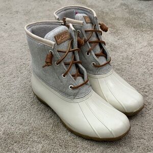 Sperry Gray and Cream Duck Boots with Brown Laces